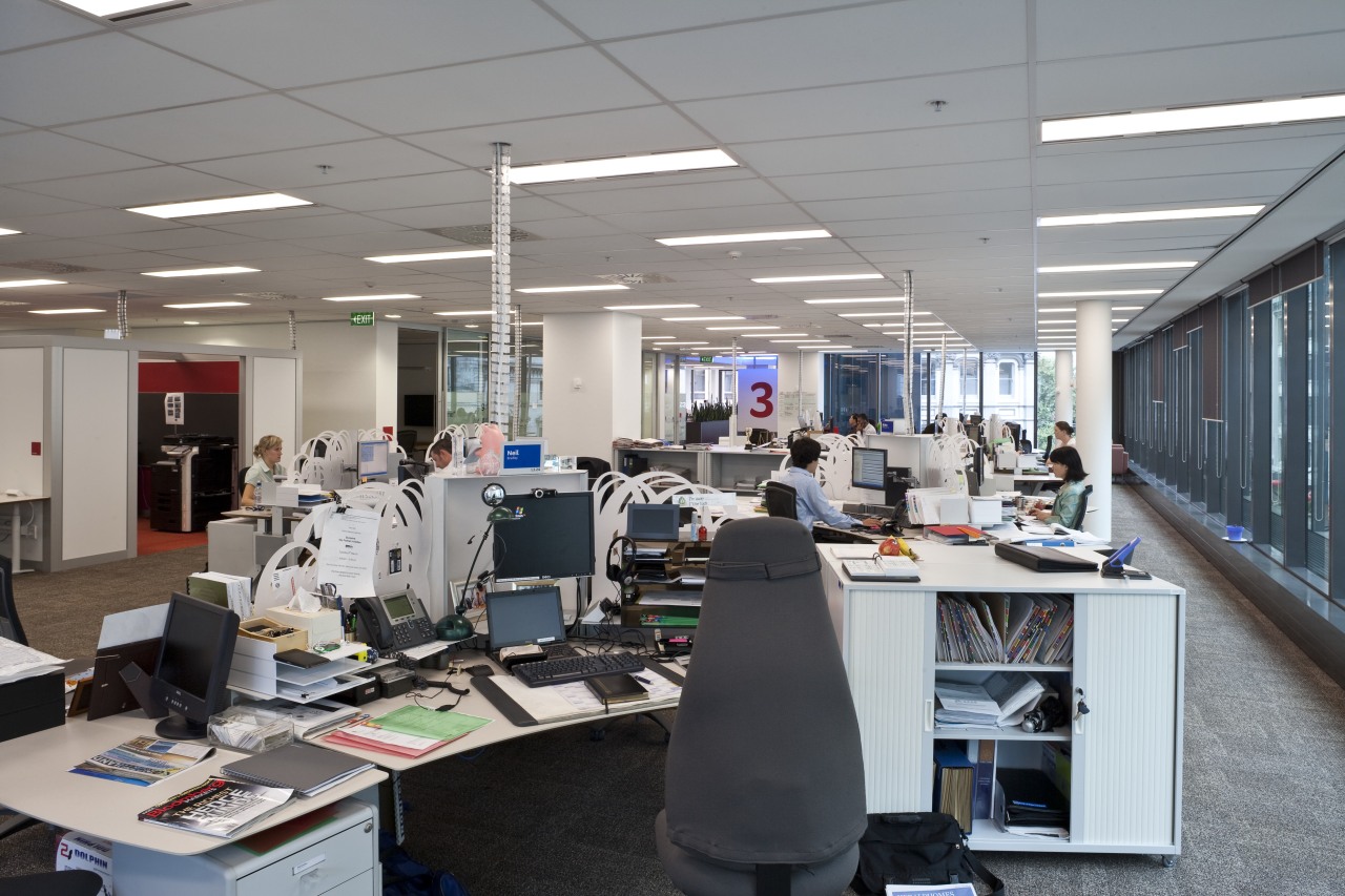 View of office workstations featuring office furnishings, carpet institution, office, technology, gray