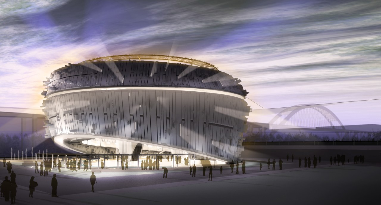 Conceptual view of the exterior of the Singapore architecture, building, convention center, opera house, performing arts center, sky, sport venue, structure, gray, black