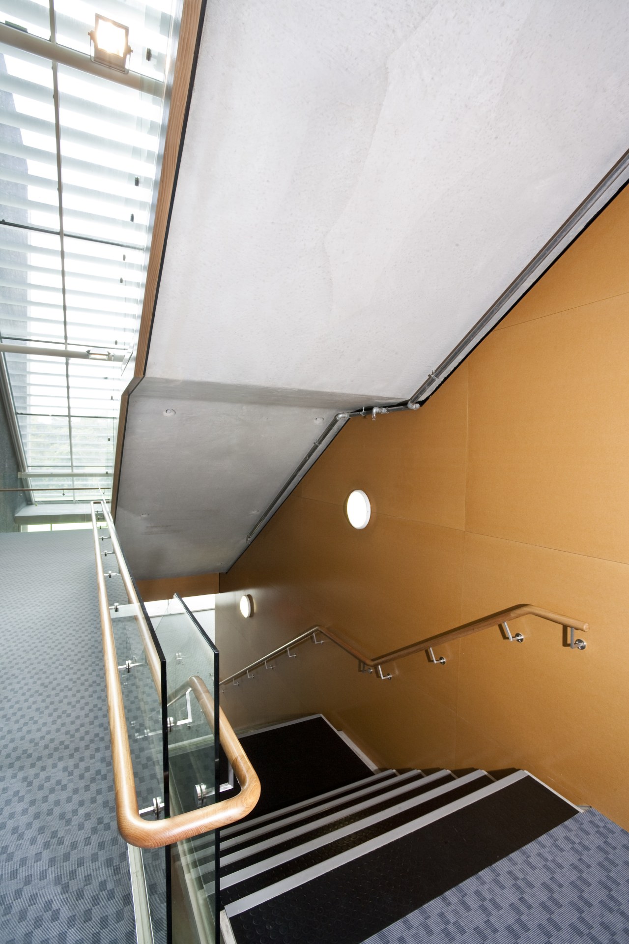 View of a stairway inside the St Kents' architecture, daylighting, floor, glass, handrail, product design, stairs, wood, white