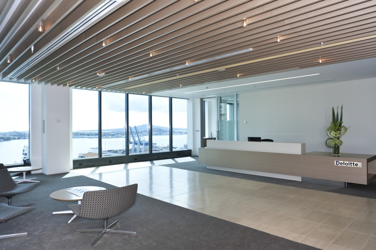 View of the new Deloitte premises which reflect architecture, ceiling, daylighting, floor, flooring, house, interior design, lobby, real estate, window, gray