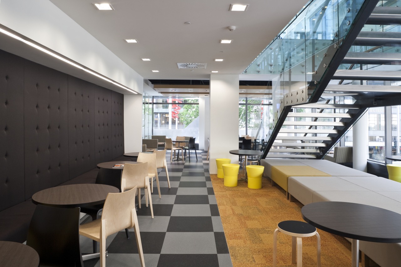 View of the BNZ office staff area which architecture, café, cafeteria, ceiling, daylighting, interior design, lobby, restaurant, gray, black