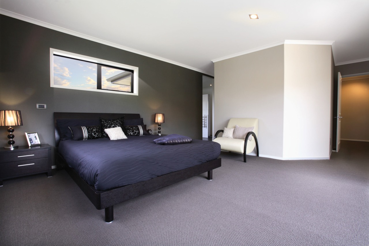 view of the master bedroom in a house architecture, bed frame, bedroom, ceiling, floor, flooring, home, interior design, real estate, room, suite, wall, gray, white, black