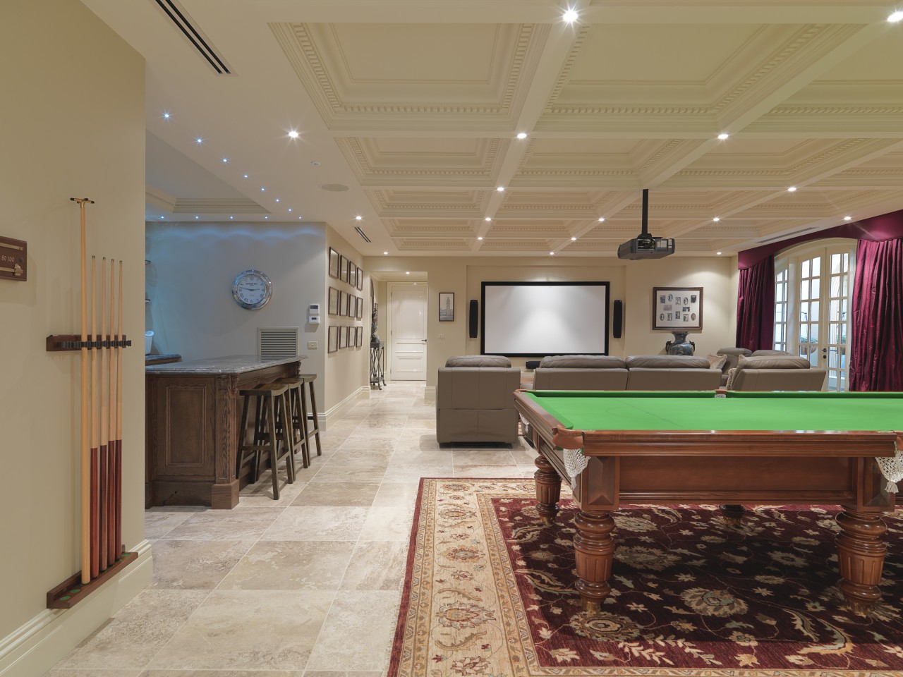 Living area with pool table and video projector billiard room, ceiling, estate, floor, flooring, interior design, lobby, real estate, recreation room, room, table, orange