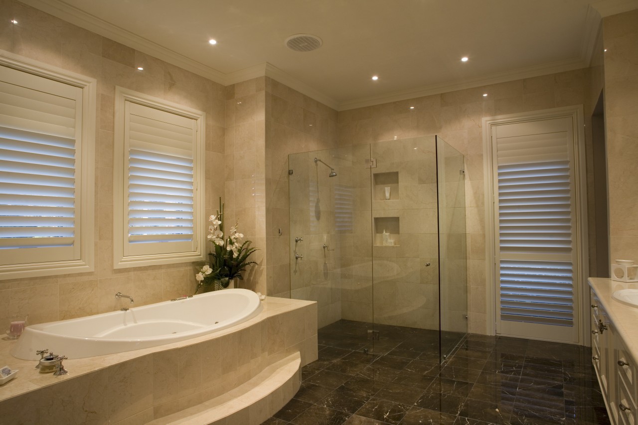 View of master bathroom which features dark coloured bathroom, ceiling, estate, floor, home, interior design, property, real estate, room, window, brown, orange