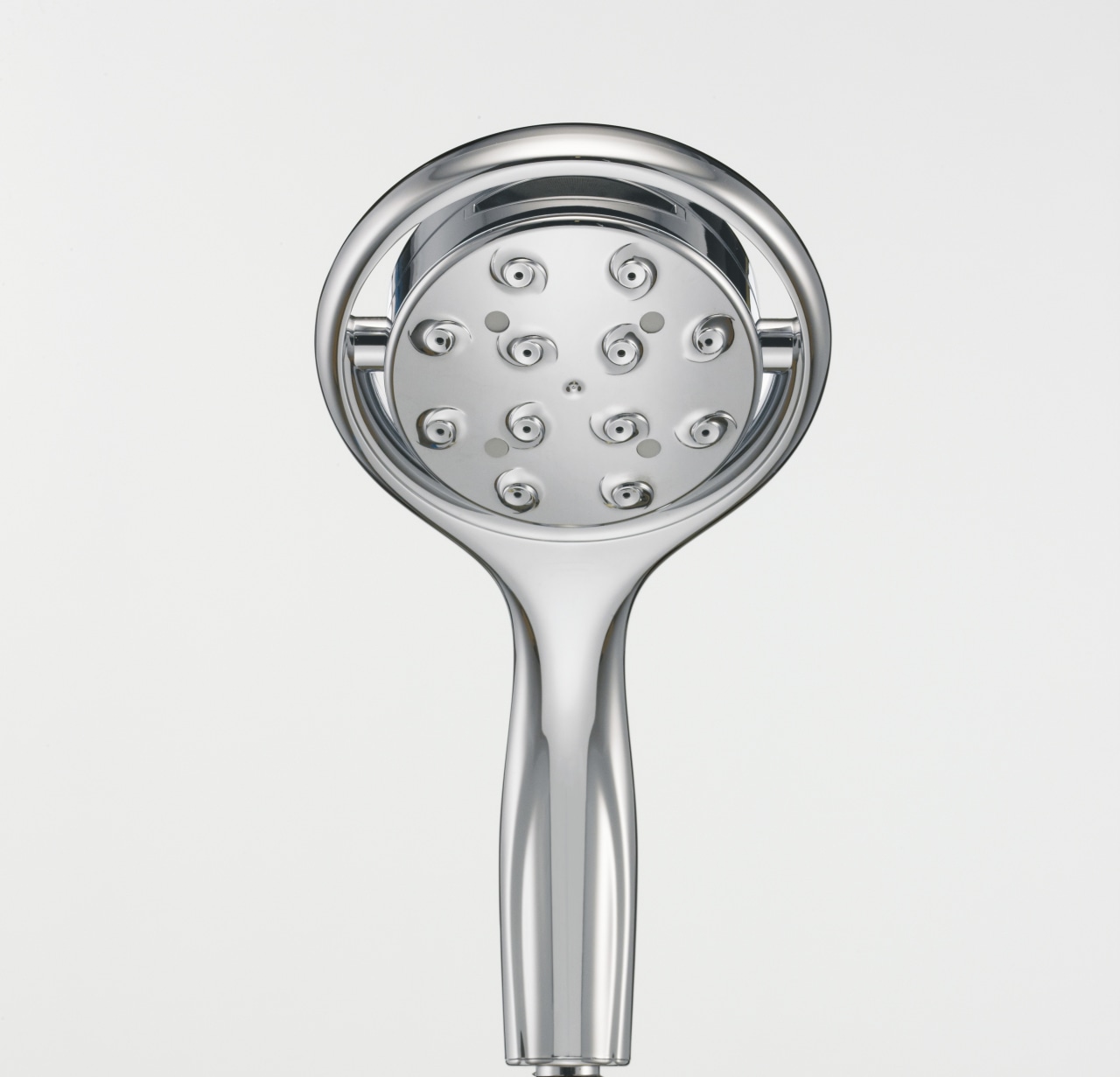 View of a chrome shower head from Kohler. hardware, product, product design, tap, white