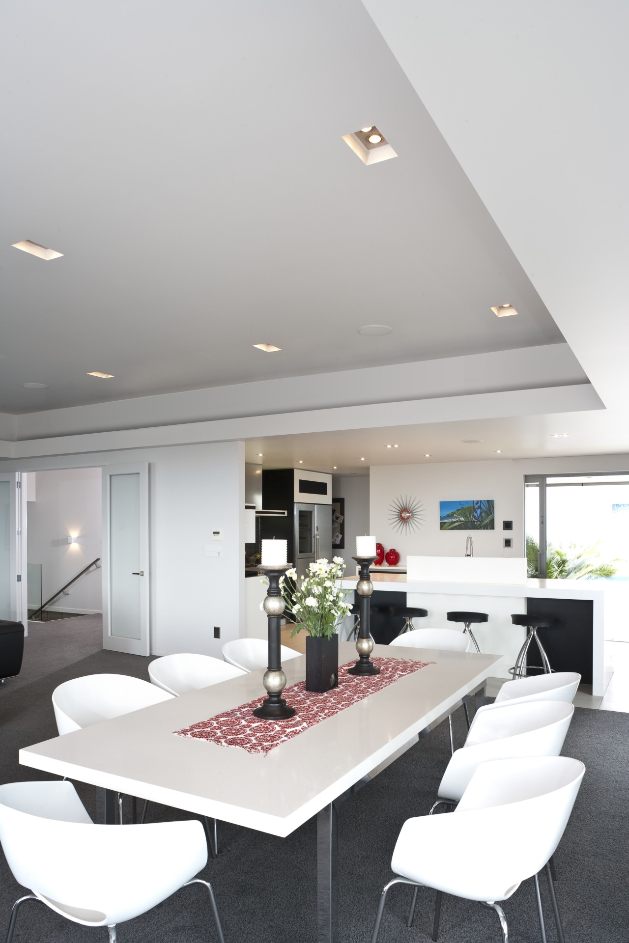 View of a dining area with white dining ceiling, dining room, house, interior design, table, white