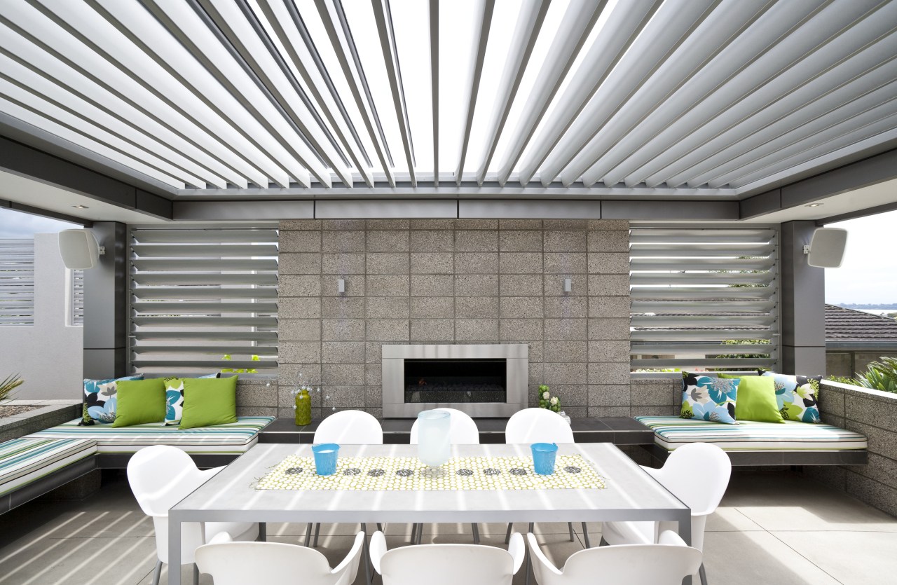 Exterior view of an outdoor entertaining area which ceiling, daylighting, interior design, real estate, roof, white, gray