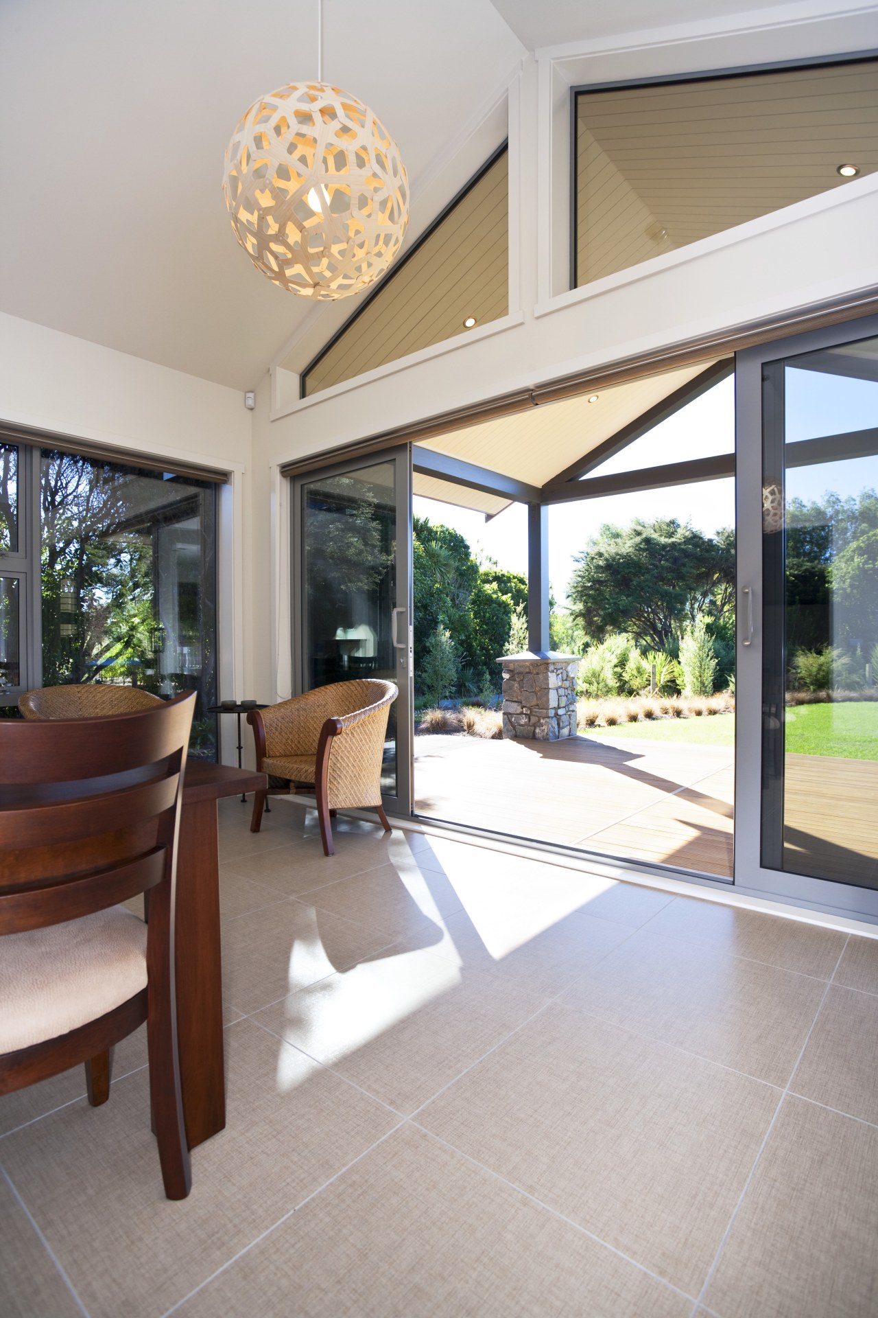 Interior view of David Reid show home dining architecture, ceiling, daylighting, estate, floor, flooring, hardwood, home, house, interior design, lobby, property, real estate, window, gray