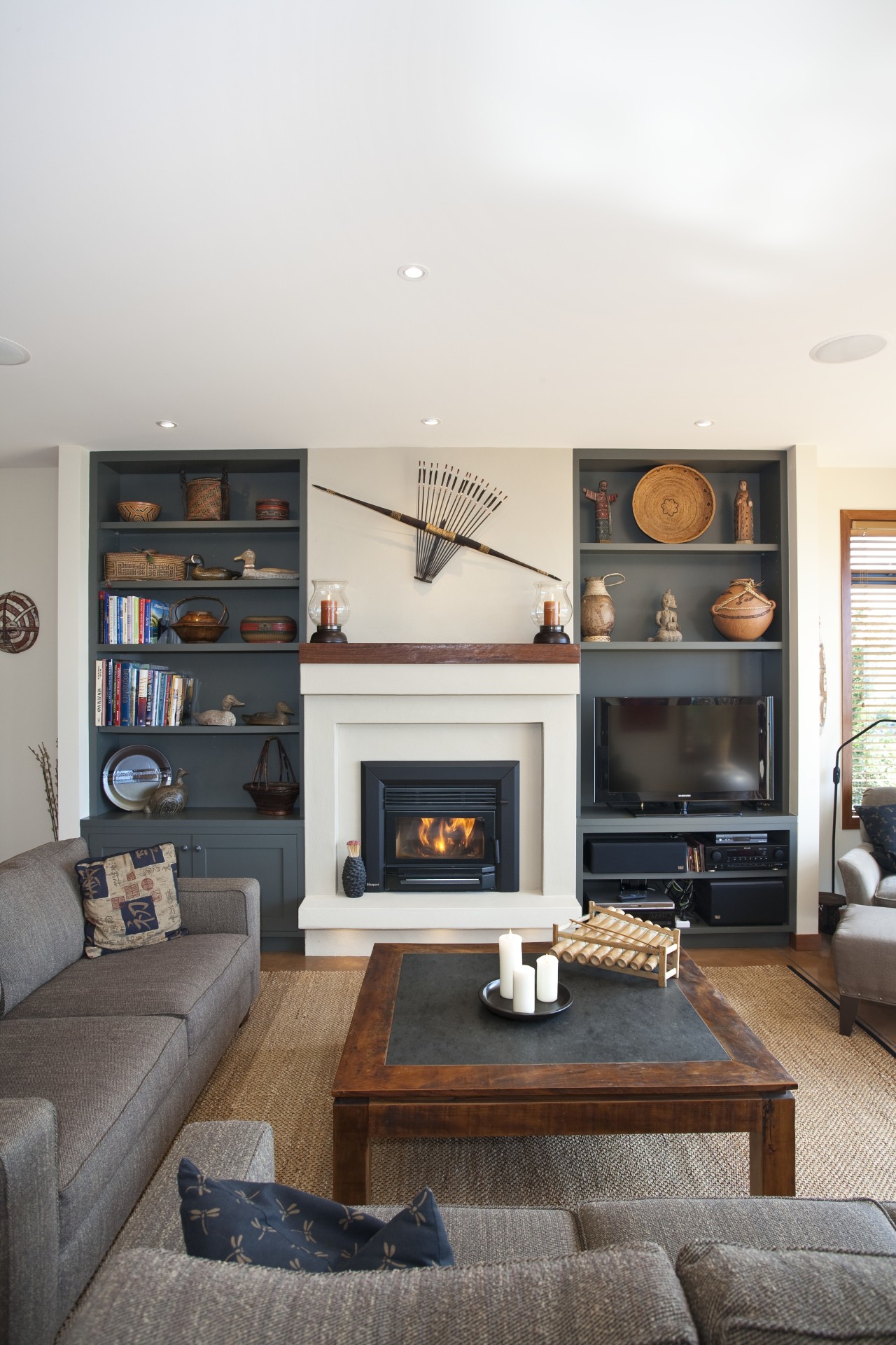 Interior view of the living area in a fireplace, hearth, home, interior design, living room, room, white