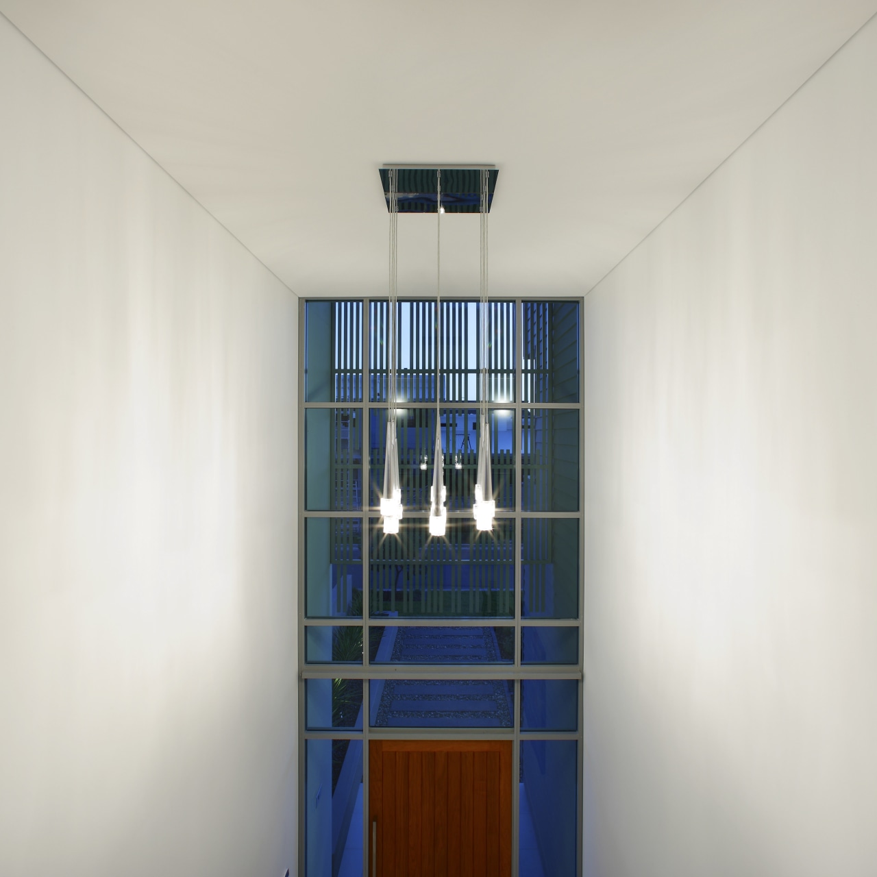 view of the double-height entrance way of this architecture, blue, ceiling, daylighting, house, window, white