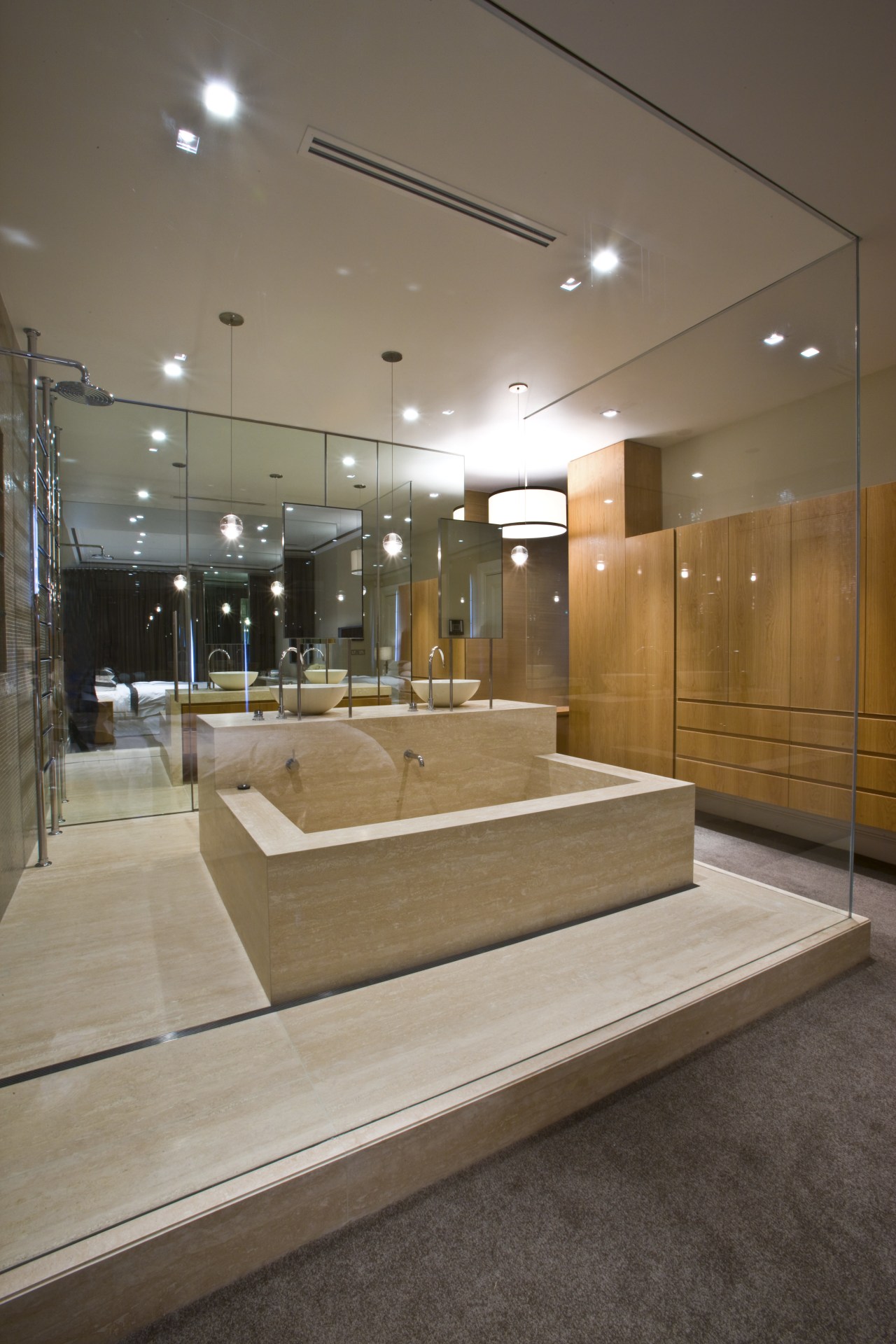 View of contemporary bathroom with mirror wall, white architecture, ceiling, floor, flooring, glass, interior design, lobby, brown, gray