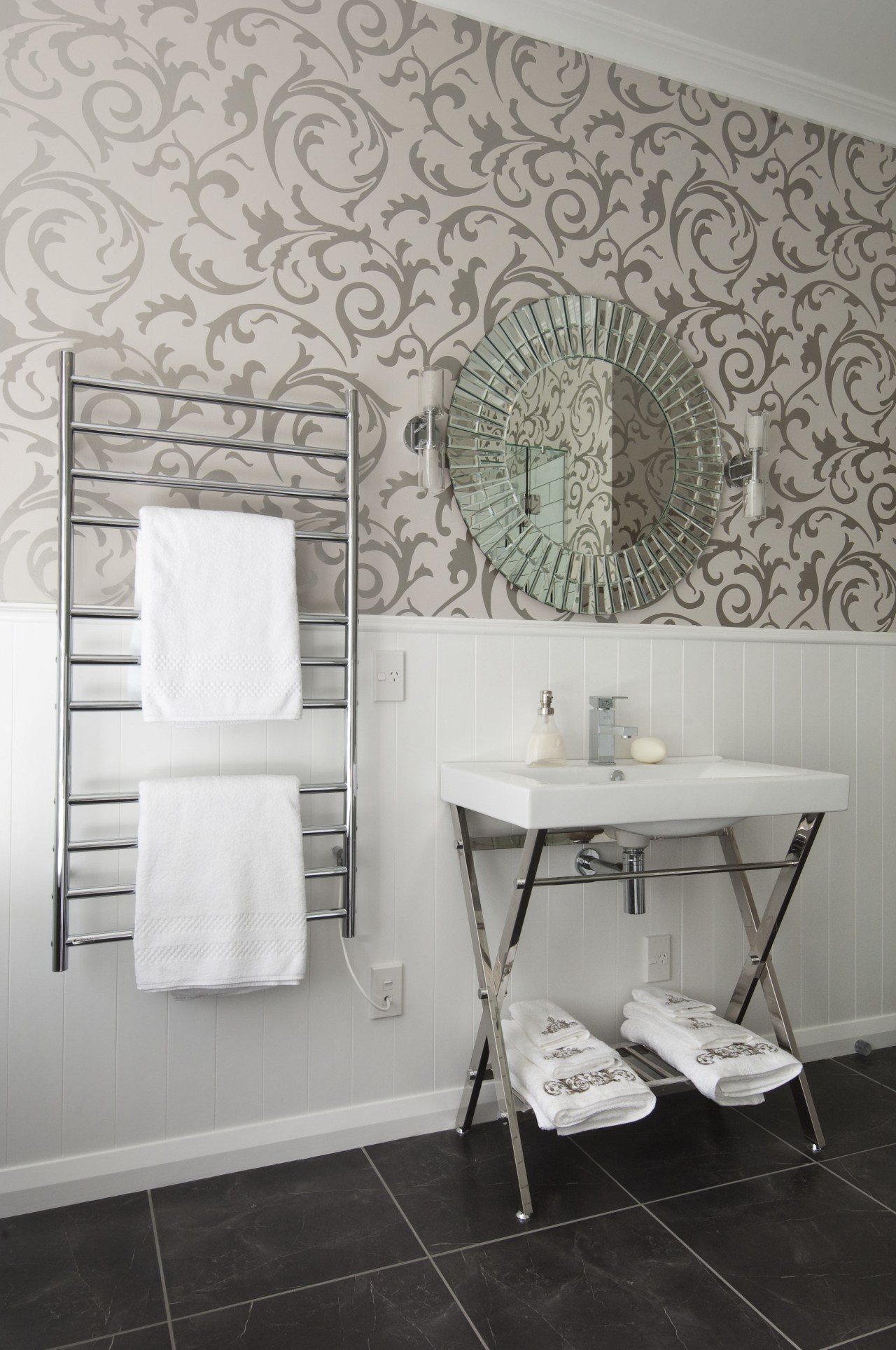 View of bathroom in a 1930s bungalow designed bathroom, ceiling, ceramic, floor, flooring, home, interior design, room, tile, wall, wallpaper, gray