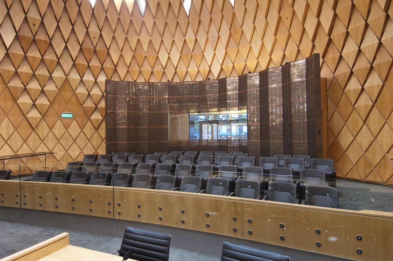 Supreme Court of New Zealand, Wellington architecture, auditorium, daylighting, performing arts center, theatre, wall, wood, brown, orange