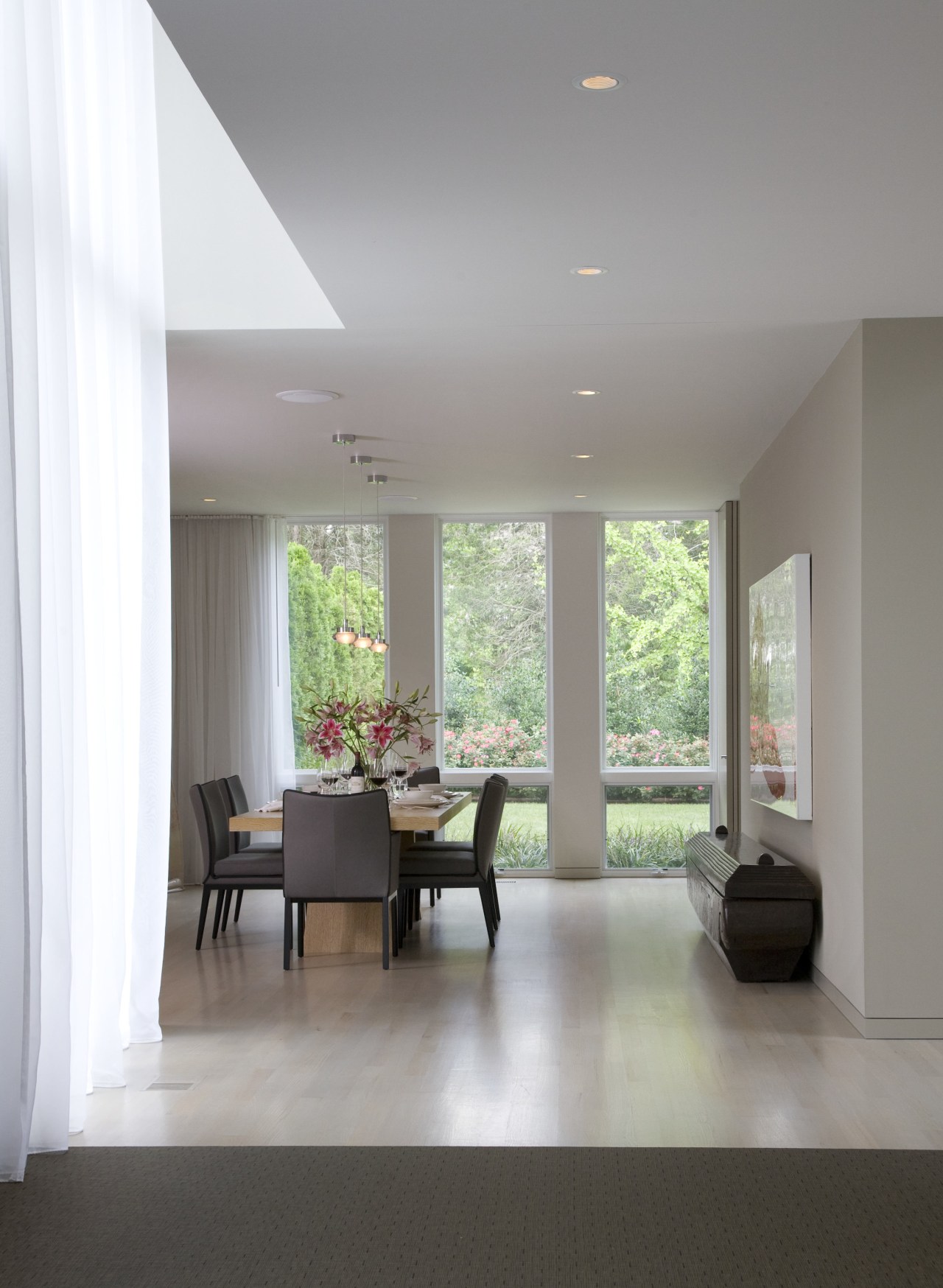 Interior view of the dining area architecture, ceiling, daylighting, floor, flooring, house, interior design, living room, room, window, gray
