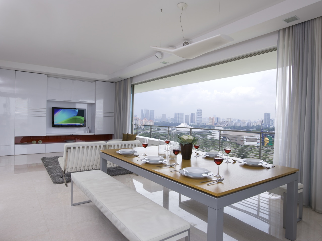 View of dining room with views out of interior design, living room, property, real estate, table, gray