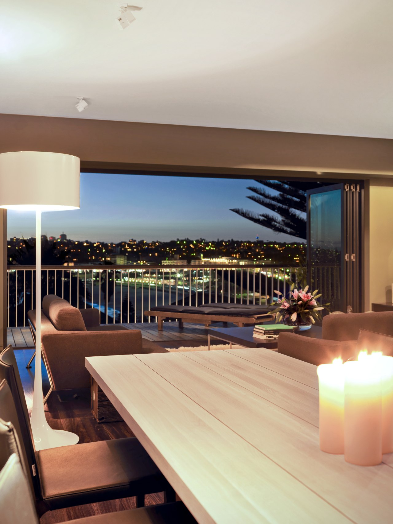 Evening view of the apartment apartment, interior design, real estate, table, gray