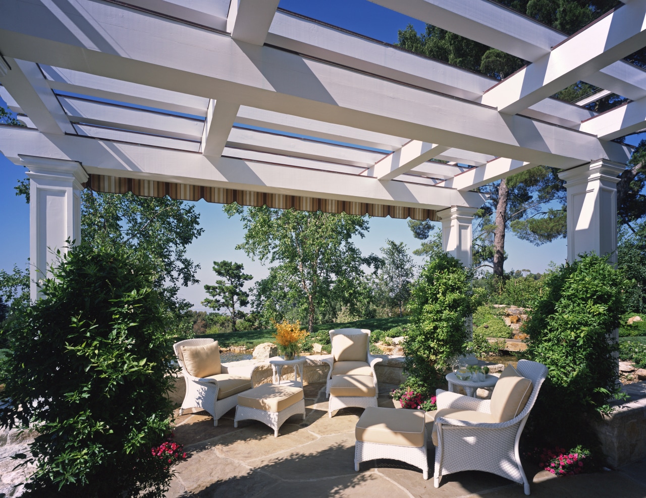 Outdoor living area features pergola &amp; furniture canopy, outdoor structure, patio, pergola, real estate, roof, shade, gray