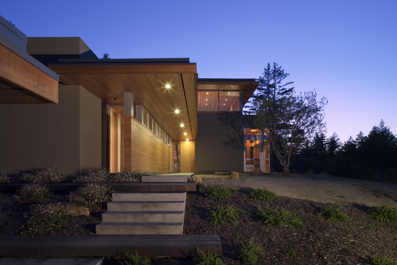 Designed by Robert Swatt, FAIA, Swatt | Miers architecture, building, cottage, estate, evening, facade, home, house, landscape, lighting, property, real estate, residential area, roof, siding, sky, black, blue