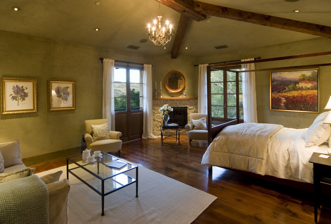 Interior view of master bedroom with polished wood ceiling, estate, home, house, interior design, living room, property, real estate, room, wall, window, brown