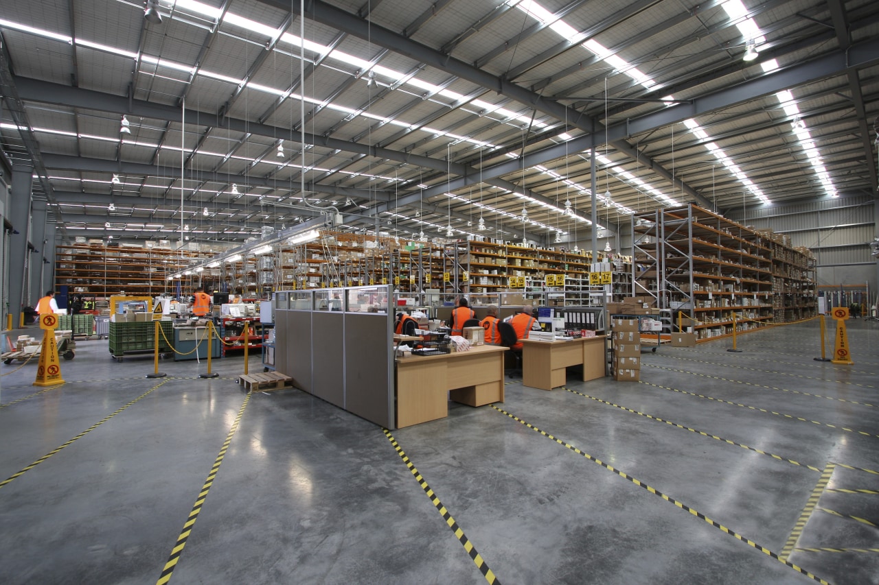 Interior view of the warehouse at Schneider Electrical factory, industry, manufacturing, warehouse, gray
