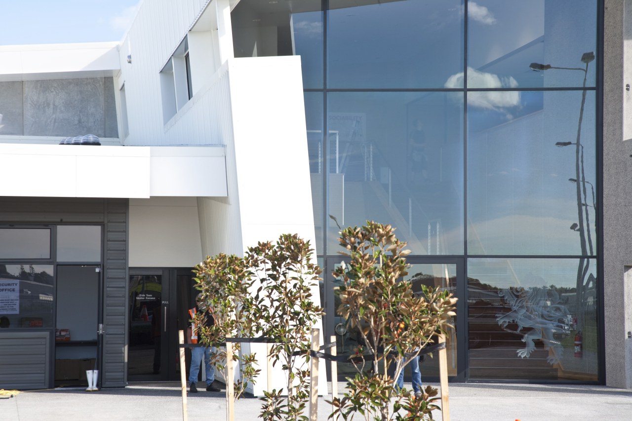 Exterior view of the Lion Nathan brewhouse which architecture, building, facade, glass, house, real estate, window, white