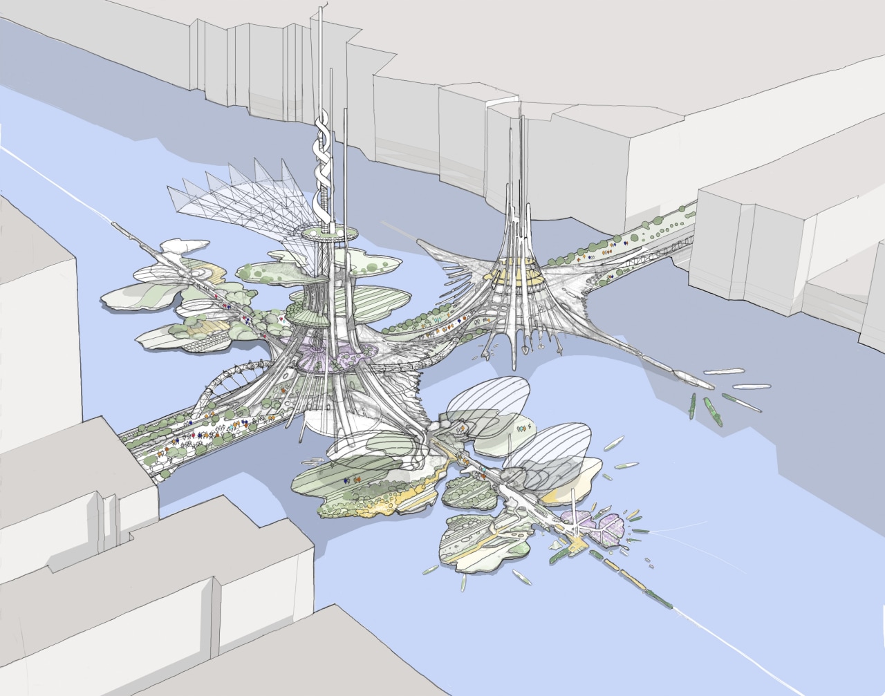 London Bridge Conceptual architecture, design, line, product design, structure, tree, urban design, white, teal