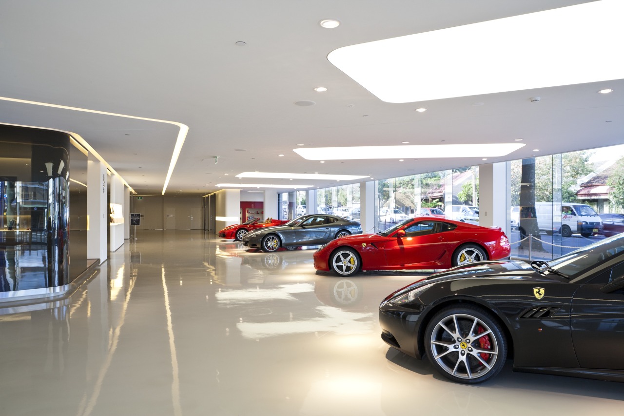 Ferrari Showroom automotive design, building, car, car dealership, luxury vehicle, motor vehicle, personal luxury car, sports car, vehicle, white, gray