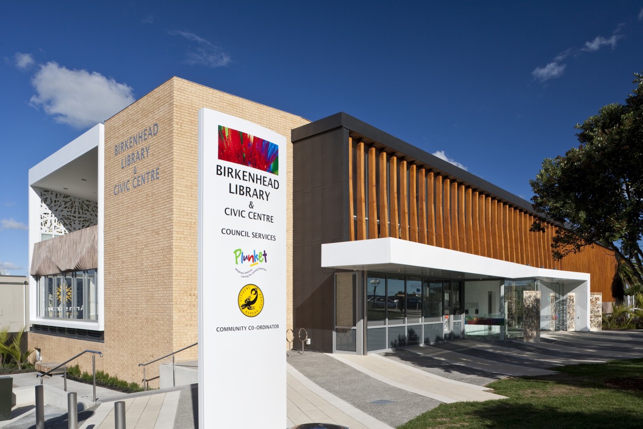 Birkenhead library Auckland, NZ. architecture, building, commercial building, corporate headquarters, elevation, facade, real estate, blue