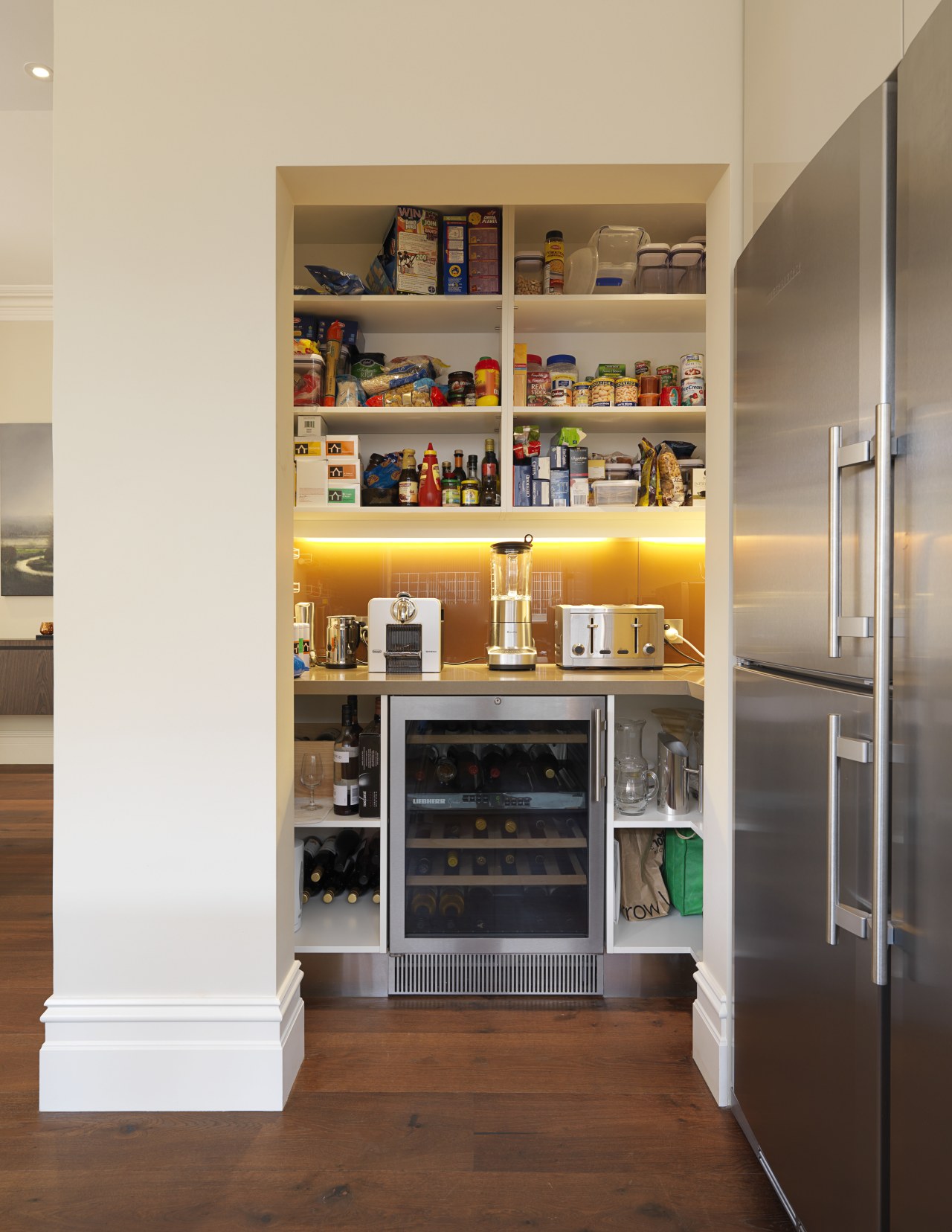 View of kitchen designed bt Nicholas Murray Architects bookcase, cabinetry, furniture, interior design, kitchen, pantry, shelf, shelving, white, brown