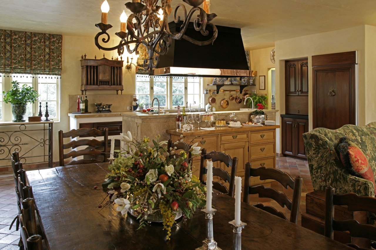 View of a French-style farmhouse kitchen which features countertop, dining room, estate, home, interior design, kitchen, living room, property, room, brown