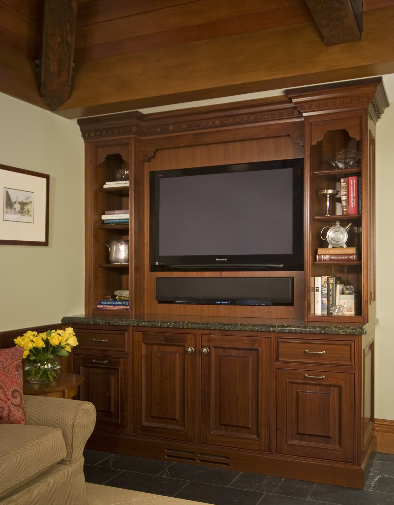 View of a traditional-styled dark-stained walnut television cabinet. cabinetry, entertainment, entertainment center, fireplace, furniture, hardwood, home, interior design, living room, wood stain, brown