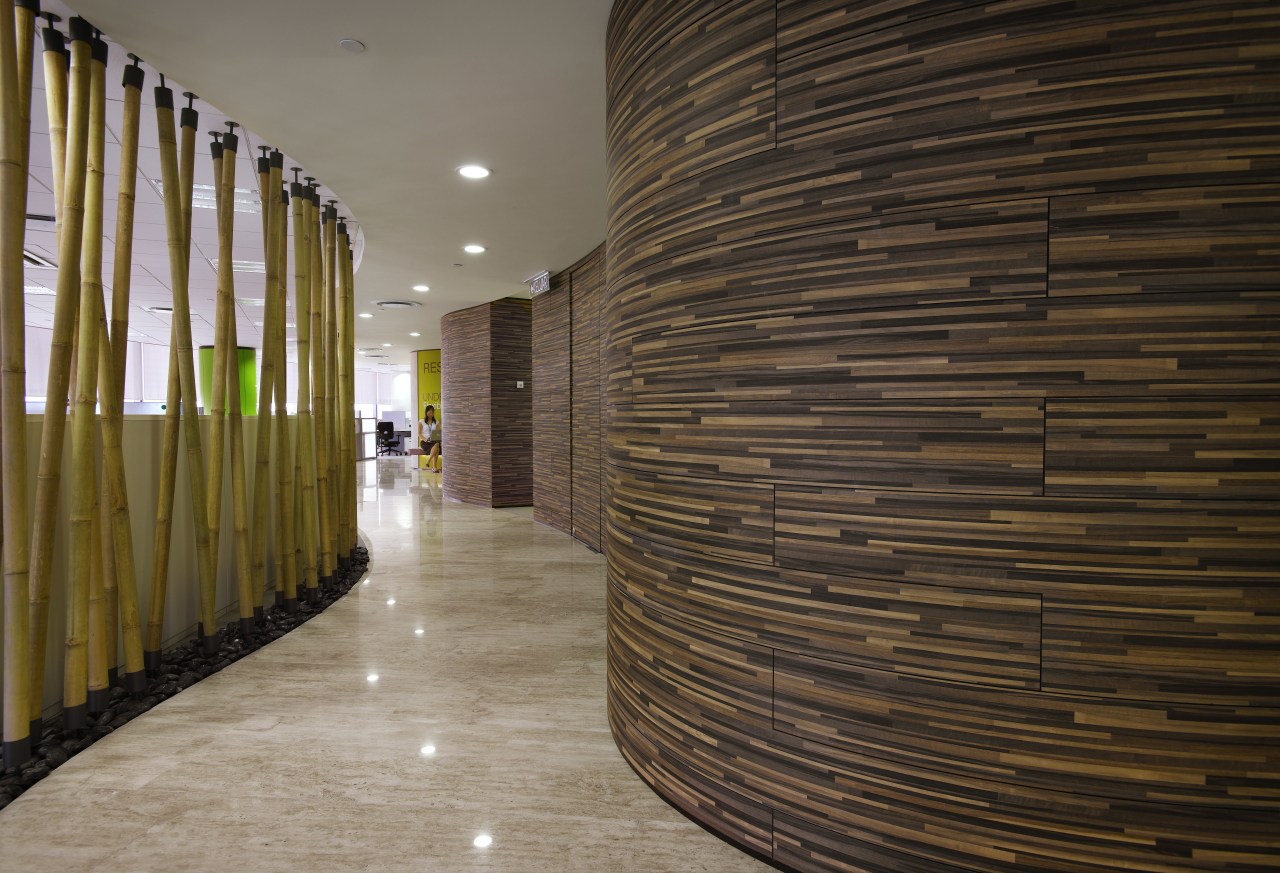 Steelcase Global Shared Services office, Kuala Lumpur architecture, ceiling, floor, flooring, interior design, lobby, wall, wood, brown, black