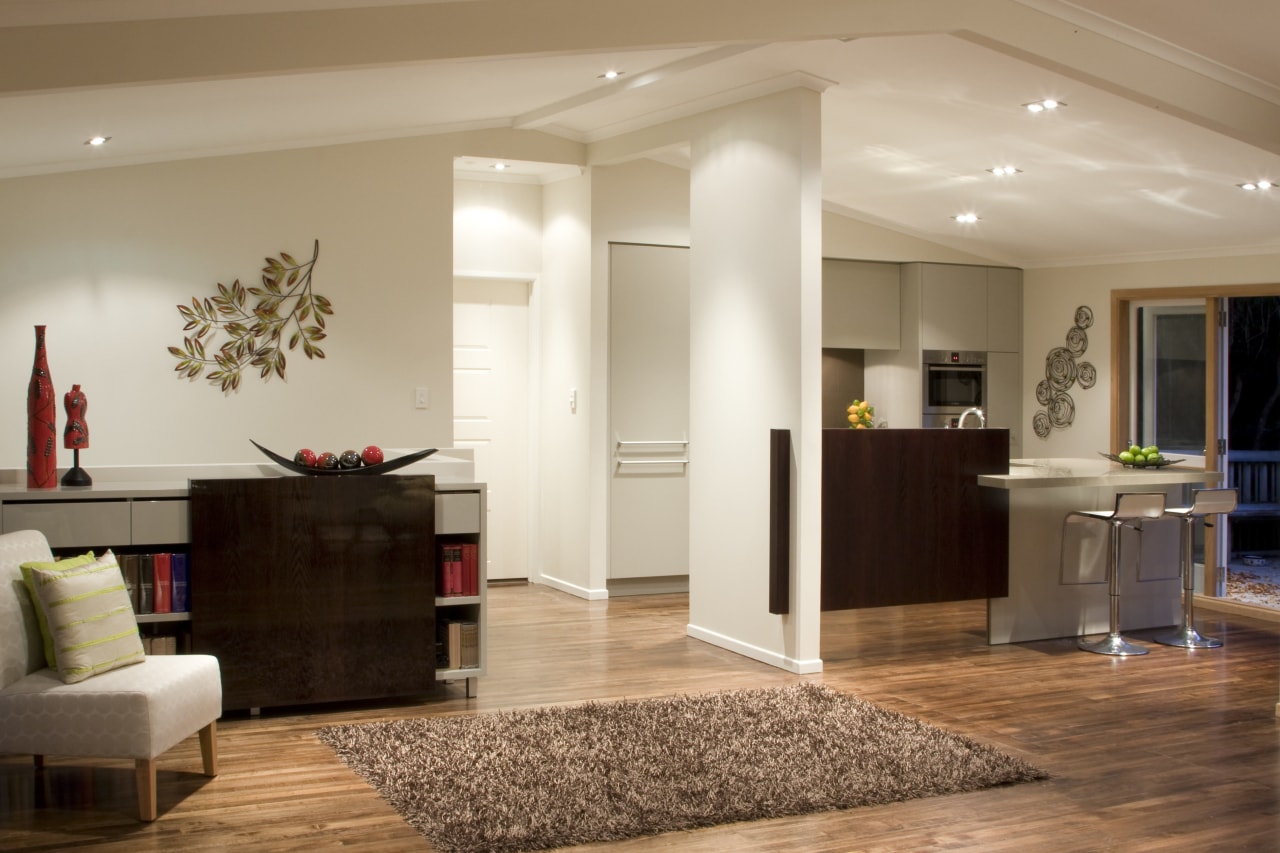 View of a kitchen designed by Toni Roberts ceiling, floor, flooring, furniture, hardwood, interior design, living room, lobby, room, wood flooring, gray, brown