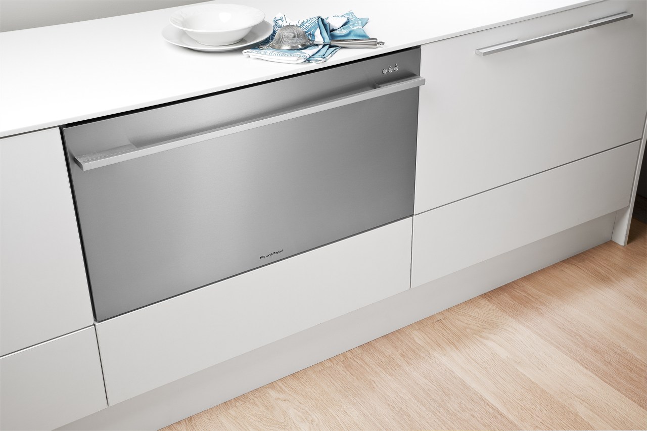 View of kitchen featuring appliances from Fisher &amp; angle, chest of drawers, countertop, drawer, floor, furniture, home appliance, kitchen, major appliance, product, product design, sideboard, white