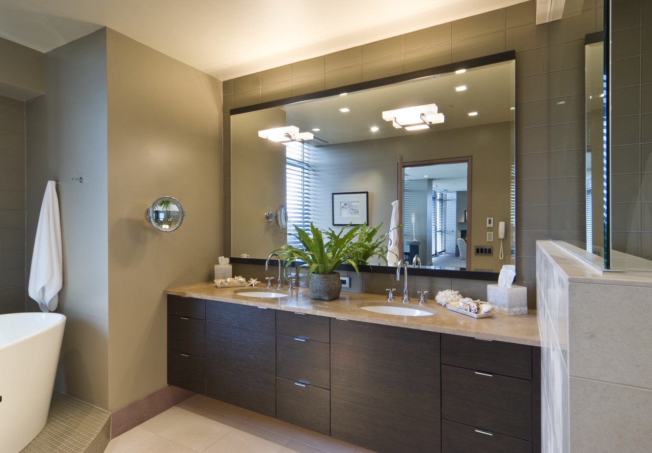 View of contemporary bedroom and bathroom with subdued bathroom, bathroom accessory, bathroom cabinet, cabinetry, countertop, home, interior design, room, sink, brown