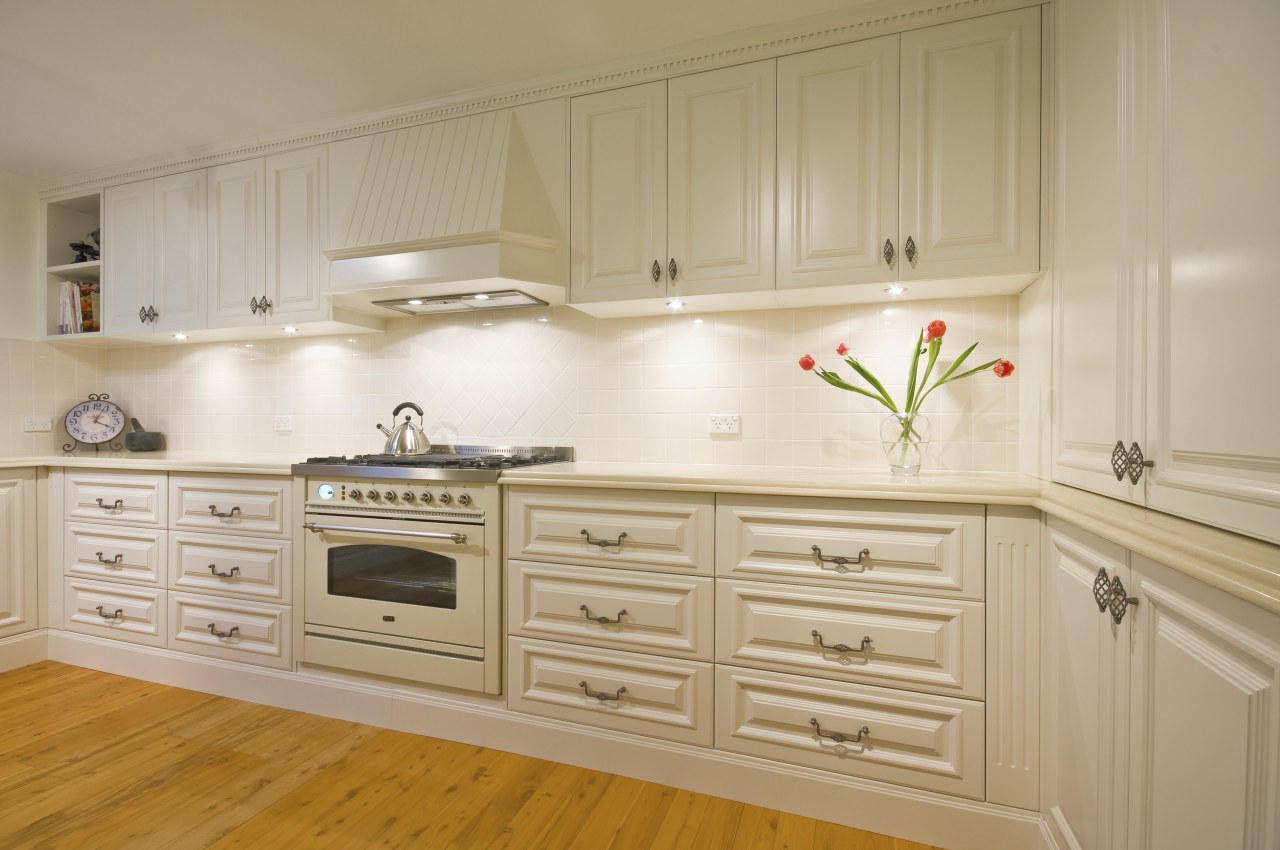Interior view of this traditional kitchen cabinetry, countertop, cuisine classique, floor, furniture, interior design, kitchen, room, gray, orange