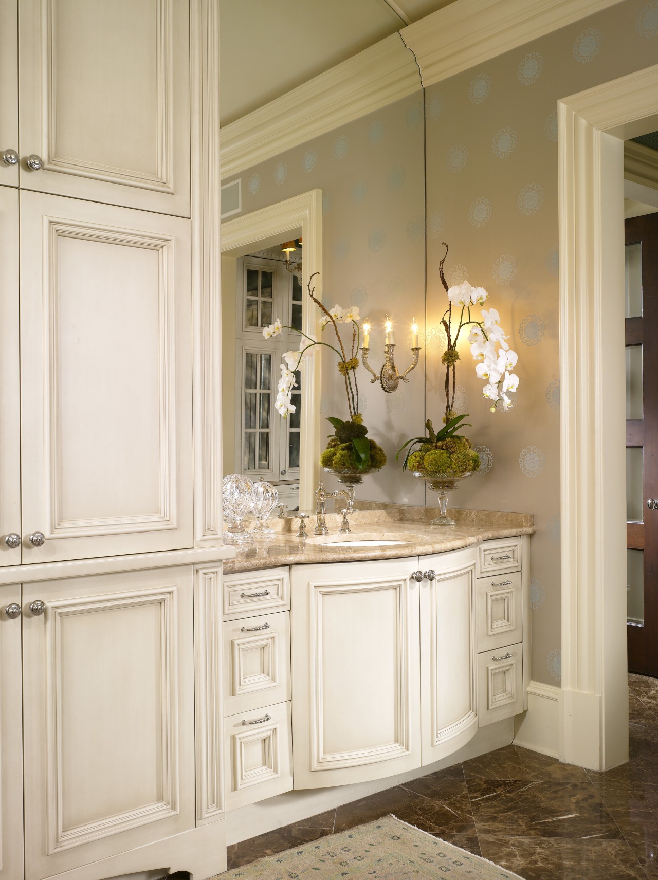 View of traditional bathroom bathroom accessory, cabinetry, chest of drawers, countertop, cuisine classique, floor, flooring, furniture, home, interior design, molding, room, window, white, brown