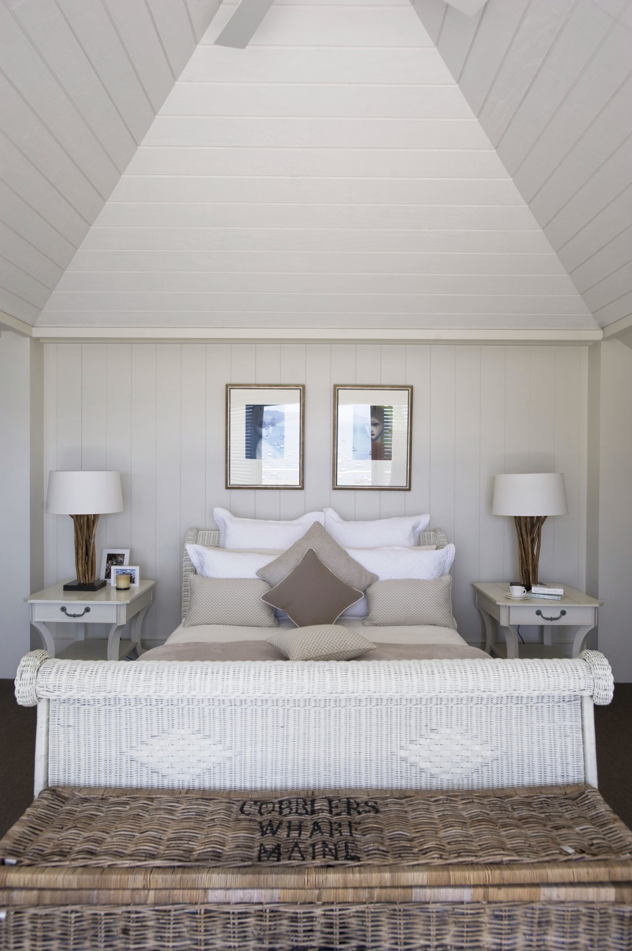Interior view of a light-toned beach house. bed frame, bedroom, ceiling, daylighting, estate, floor, furniture, home, interior design, mattress, real estate, room, suite, wall, window, gray