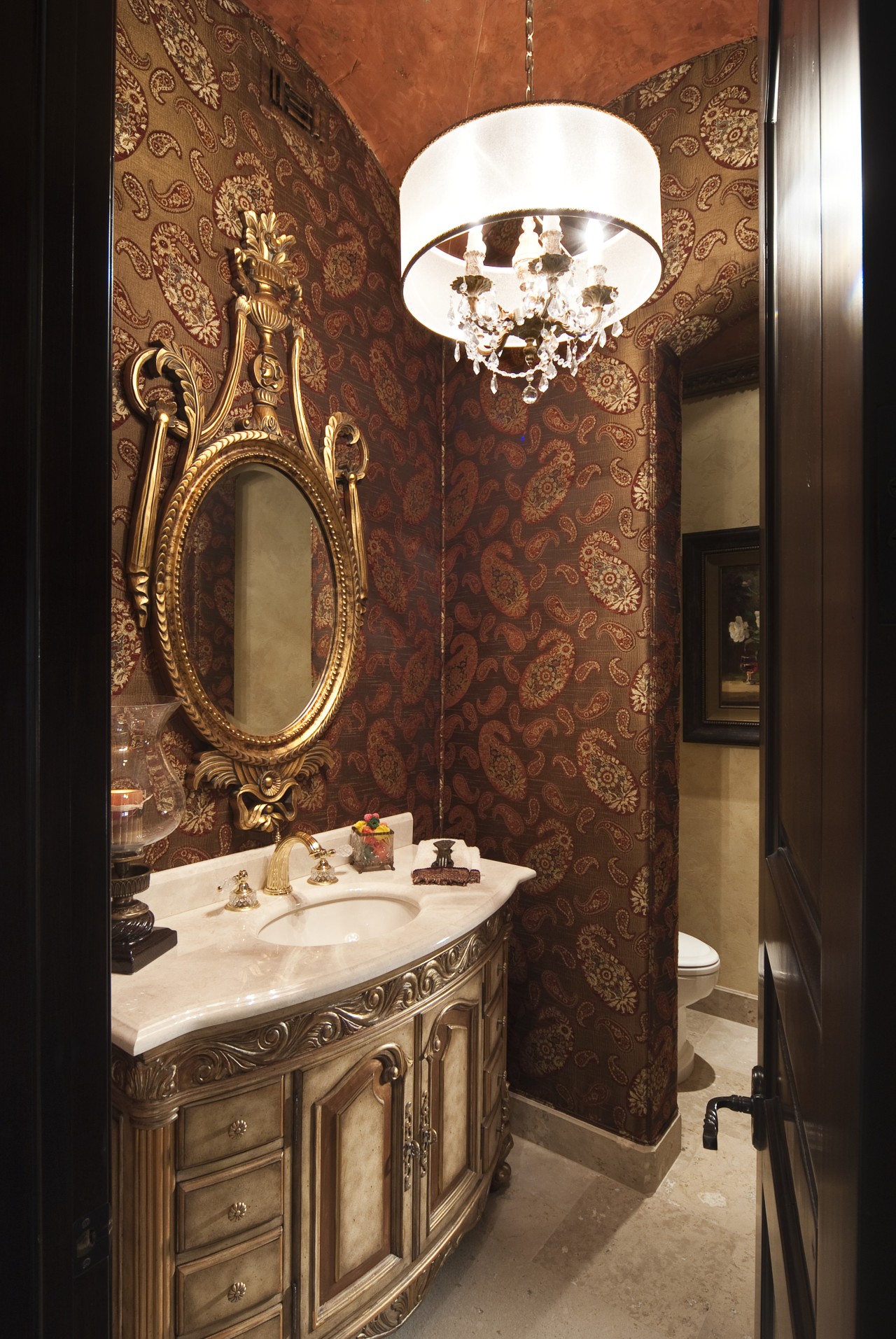 Bathroom vanity with ornate mirror and chandelier bathroom, ceiling, interior design, room, wall, brown, black