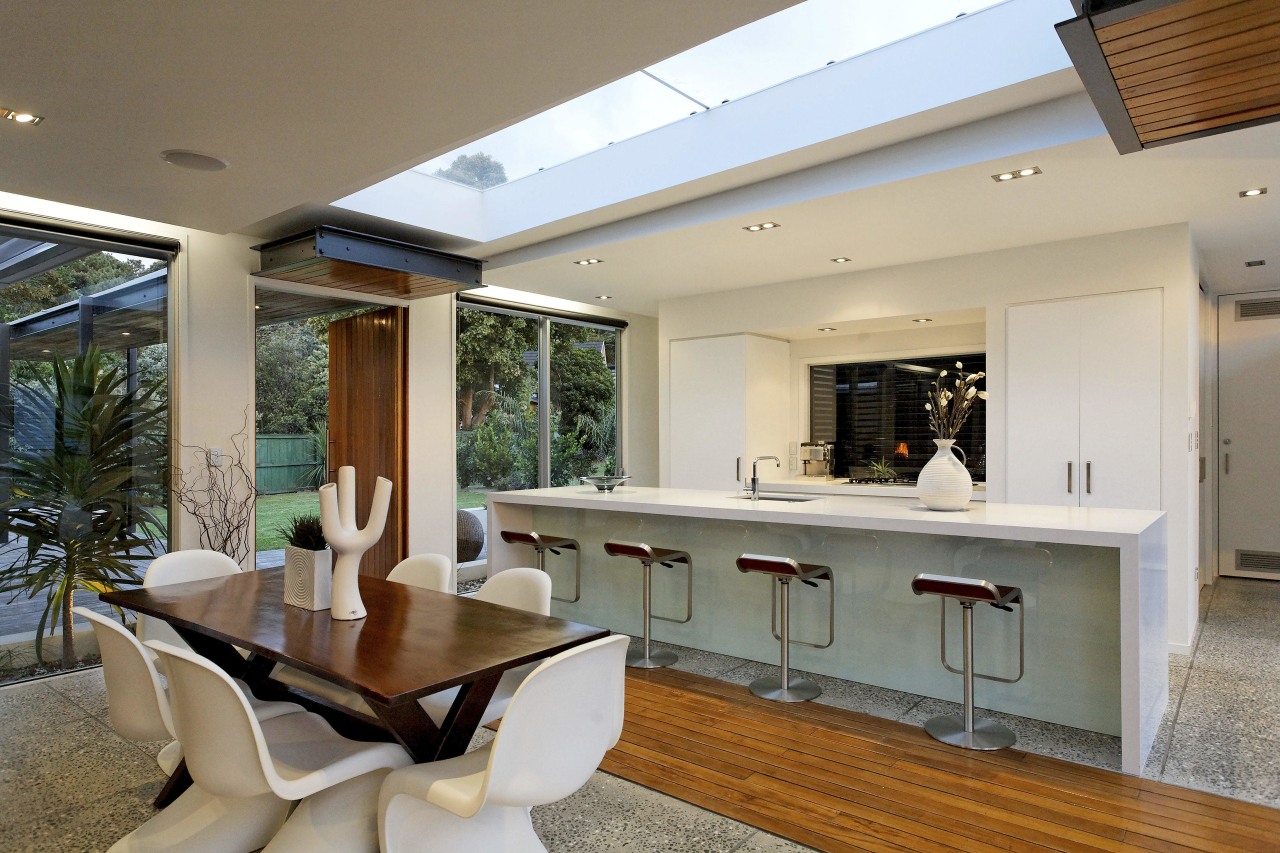 Contemporary home has a skylight above ceiling, estate, house, interior design, living room, property, real estate, window, gray, brown