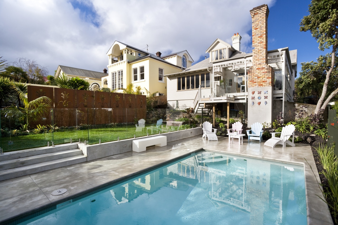 Traditional pool area features small gardens &amp; outdoor apartment, backyard, cottage, estate, home, house, leisure, mansion, property, real estate, residential area, swimming pool, villa, white