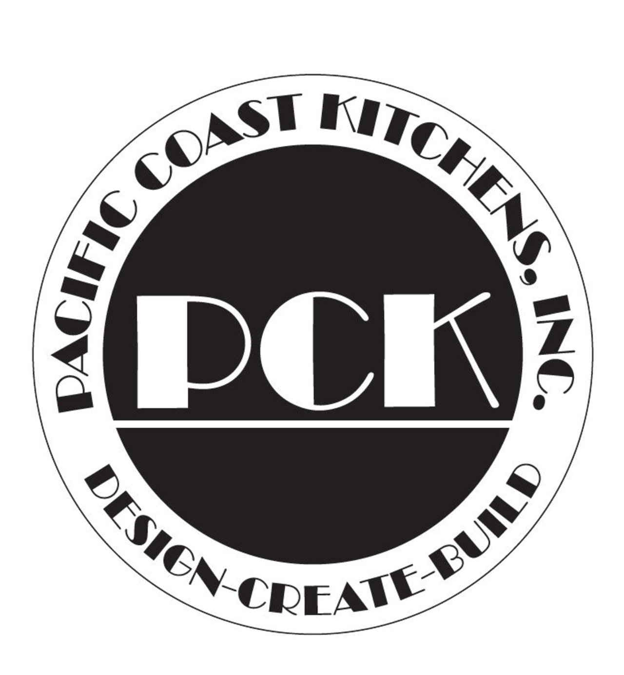View of Pacific Coast Kitchens logo black and white, brand, circle, font, logo, white, black