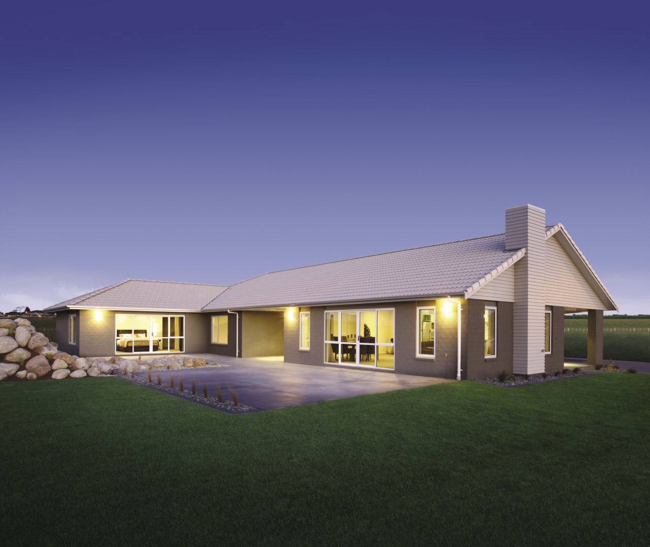 PLG Egmont_Exterior_2_HR architecture, cottage, elevation, estate, facade, farmhouse, grass, home, house, landscape, property, real estate, residential area, roof, siding, sky, suburb, blue, green