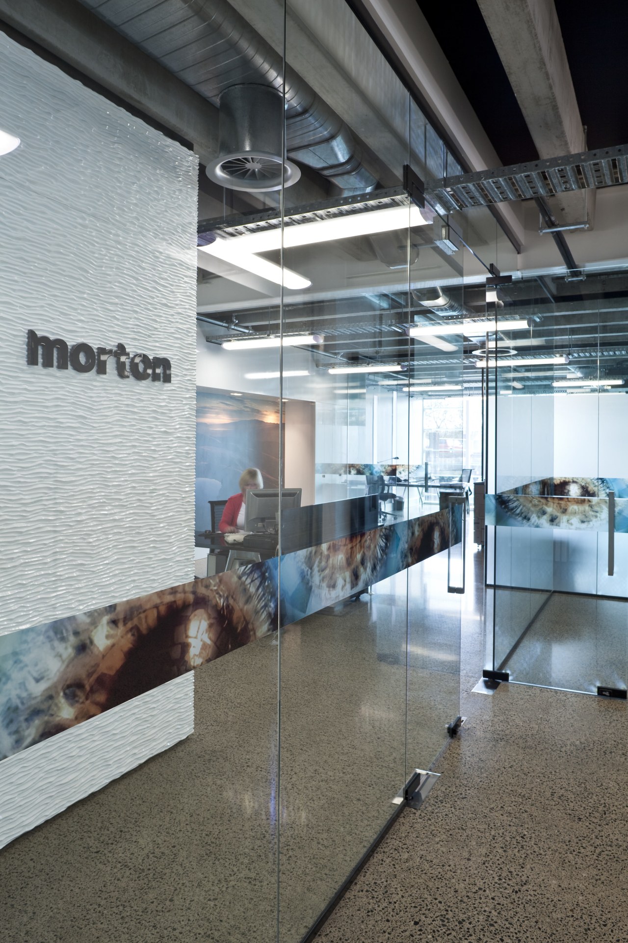 Interior view of office spaces within the hotel architecture, glass, interior design, gray