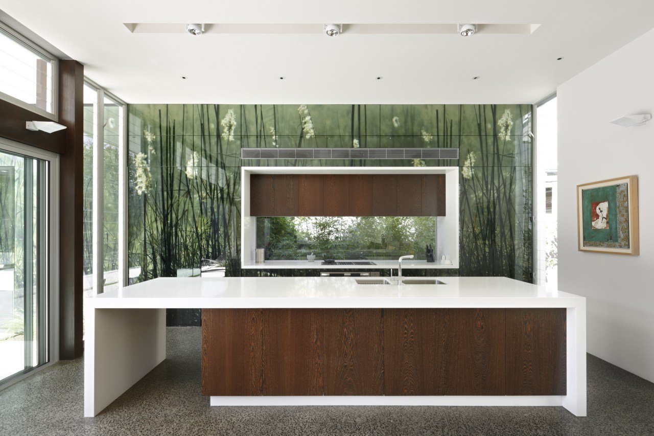 View of a contemporary kitchen which features island, architecture, furniture, interior design, real estate, white