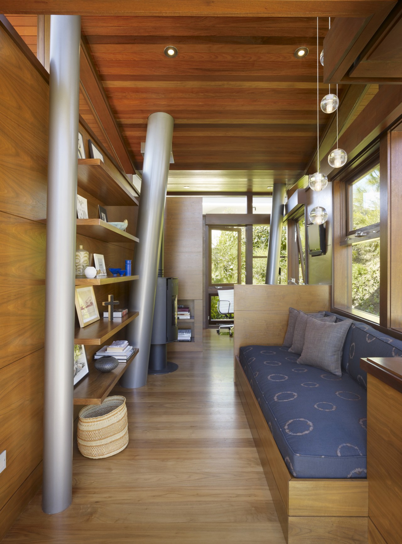 Interior view of contemporary tree house which features architecture, ceiling, daylighting, floor, hardwood, house, interior design, living room, loft, real estate, wood, wood flooring, brown