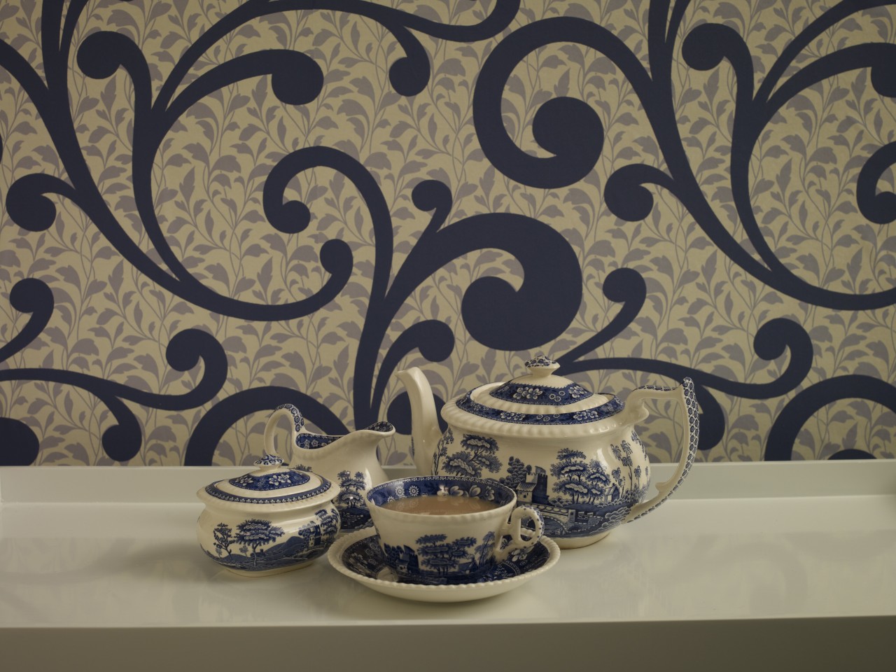 View of the wallcoverings by Pacific Wallcoverings blue and white porcelain, ceramic, design, dishware, pattern, plate, platter, porcelain, tableware, brown