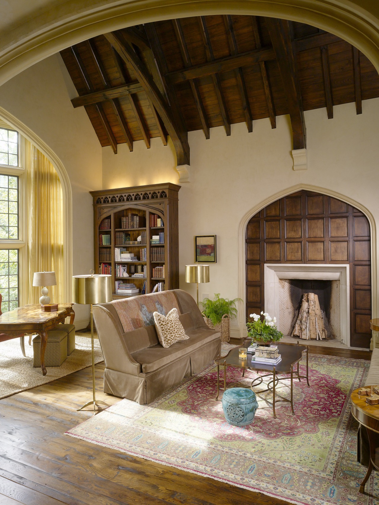 View of traditionally styled kitchen with Tudor-style arch, beam, ceiling, estate, hearth, home, interior design, living room, real estate, room, brown