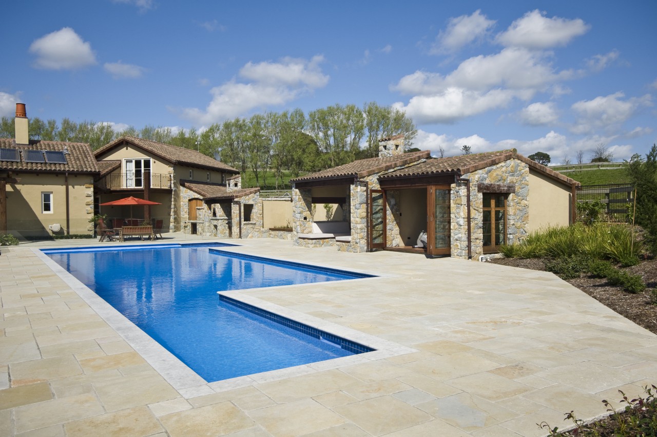 View of the pool area by Mayfair Pools backyard, estate, home, house, leisure, property, real estate, residential area, resort, swimming pool, villa, gray, teal