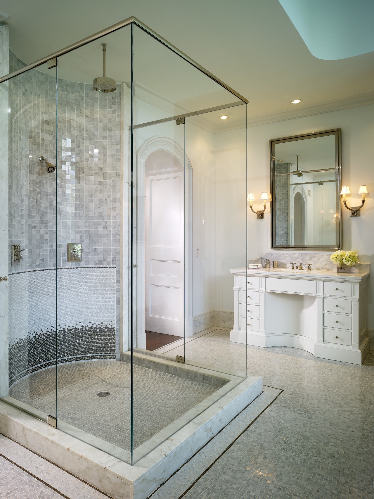 View of bathroom of this Regency-styled home featuring bathroom, floor, glass, home, interior design, plumbing fixture, room, gray